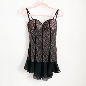 Black Lace Sheer Back Fitted Ruffle Bottom lingerie Nighty S/M